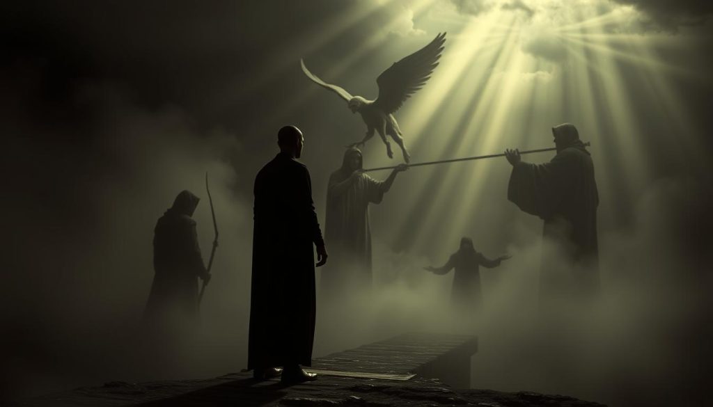 A dramatic allegorical scene depicting the enigmatic nature of destiny. In the foreground, a figure representing the human condition stands at a crossroads, their path obscured by a dense fog. In the middle ground, symbolic figures such as a hooded spectre and a winged angel engage in a celestial tug-of-war, their cosmic struggle mirroring the protagonist's inner turmoil. The background is shrouded in a moody chiaroscuro, with beams of light piercing the gloom, hinting at the unseen forces that guide our lives. Somber and contemplative, the scene evokes the profound questions of free will and predetermination that lie at the heart of classic Spanish drama. A dramatic allegorical scene depicting the enigmatic nature of destiny. In the foreground, a figure representing the human condition stands at a crossroads, their path obscured by a dense fog. In the middle ground, symbolic figures such as a hooded spectre and a winged angel engage in a celestial tug-of-war, their cosmic struggle mirroring the protagonist's inner turmoil. The background is shrouded in a moody chiaroscuro, with beams of light piercing the gloom, hinting at the unseen forces that guide our lives. Somber and contemplative, the scene evokes the profound questions of free will and predetermination that lie at the heart of classic Spanish drama.
