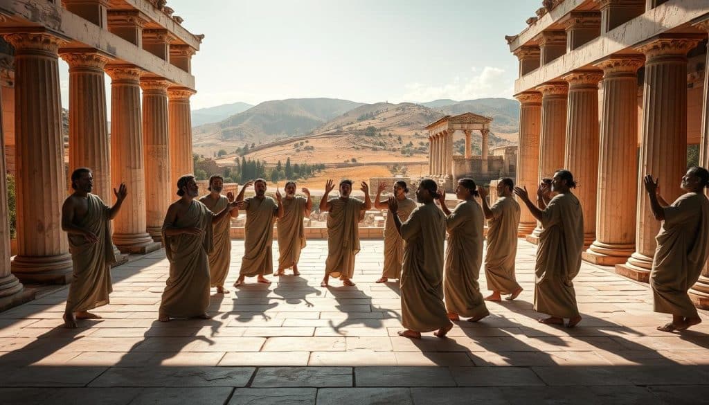 A dramatic chorus of ancient Greek performers, garbed in flowing robes and masks, stands in the center of a vast, open-air theater. The sunlight filters through the columns, casting dramatic shadows across their faces. In the background, the rolling hills of the Peloponnese stretch out, dotted with olive trees and ancient ruins. The chorus members move in unison, their voices raised in a haunting, lyrical chant, their gestures both graceful and powerful. The scene evokes a sense of timeless tradition and the enduring power of human expression.
