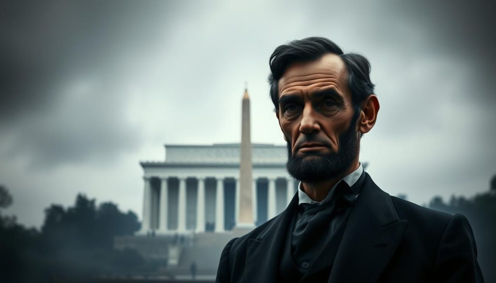 A dramatic historical scene of Abraham Lincoln, dressed in a dark suit and high-collared shirt, standing solemnly against a backdrop of the majestic Lincoln Memorial. The lighting is somber, casting deep shadows across his weathered face, evoking a contemplative, pensive mood. In the middle ground, a subtle hint of the iconic Washington Monument rises, symbolizing the weight of the nation's history. The background is shrouded in a hazy, atmospheric mist, suggesting the gravity and complexity of the political and social issues that Lincoln grappled with during his presidency. A dramatic historical scene of Abraham Lincoln, dressed in a dark suit and high-collared shirt, standing solemnly against a backdrop of the majestic Lincoln Memorial. The lighting is somber, casting deep shadows across his weathered face, evoking a contemplative, pensive mood. In the middle ground, a subtle hint of the iconic Washington Monument rises, symbolizing the weight of the nation's history. The background is shrouded in a hazy, atmospheric mist, suggesting the gravity and complexity of the political and social issues that Lincoln grappled with during his presidency.