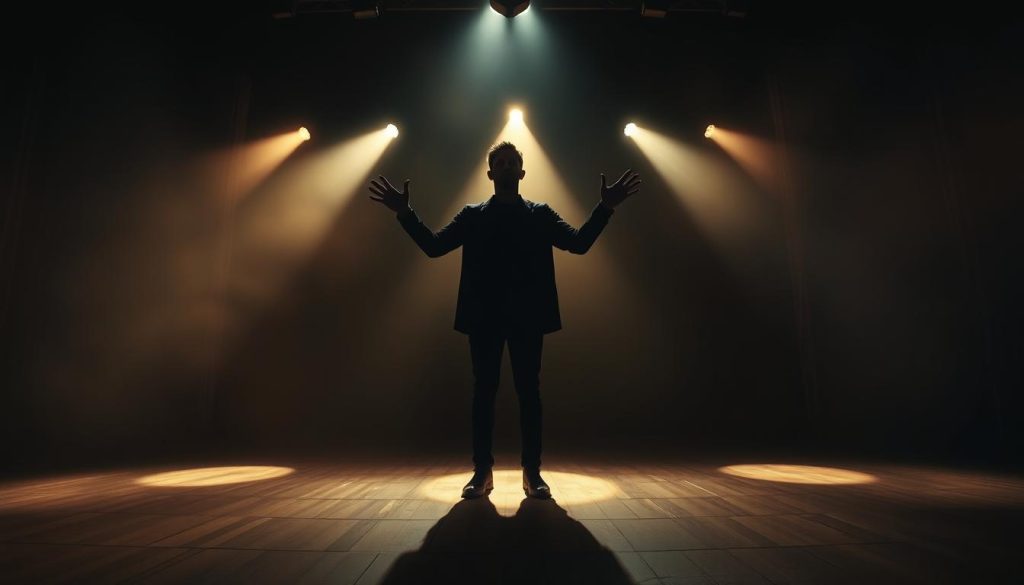 A dramatically lit stage, with a lone figure standing center-frame, radiating a soulful energy. Soft, warm lighting bathes the performer, casting dramatic shadows that accentuate their expressive movements. The background is a hazy, atmospheric stage, with subtle hints of velvet curtains and a wooden floor. The lens is positioned at a slight low angle, creating a sense of grandeur and emphasizing the performer's commanding presence. The overall mood is one of introspection, vulnerability, and a deep, almost spiritual connection between the artist and the audience. A dramatically lit stage, with a lone figure standing center-frame, radiating a soulful energy. Soft, warm lighting bathes the performer, casting dramatic shadows that accentuate their expressive movements. The background is a hazy, atmospheric stage, with subtle hints of velvet curtains and a wooden floor. The lens is positioned at a slight low angle, creating a sense of grandeur and emphasizing the performer's commanding presence. The overall mood is one of introspection, vulnerability, and a deep, almost spiritual connection between the artist and the audience.