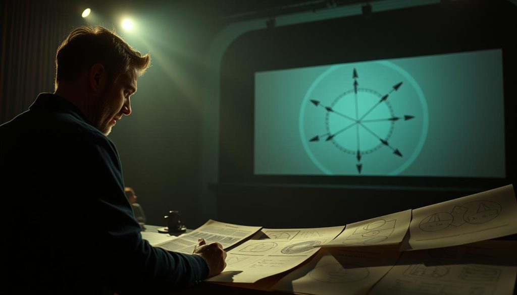 A dynamic, cinematic scene of a film analysis on the cyclical structure of the classic play "La Ronde." In the foreground, a director or film scholar intently examines a series of storyboards, sketches, and notes, mapping out the interconnected narratives. The middle ground features a projection screen displaying a visual representation of the cyclical character relationships, with lines and arrows tracing the intricate web. In the background, a dimly lit theater space evokes the moody, introspective atmosphere of analyzing this seminal work, with dramatic shadows and muted lighting creating a sense of contemplation. The overall composition conveys the intellectual rigor and creative exploration involved in deconstructing the innovative structure of this iconic play and its cinematic adaptations. A dynamic, cinematic scene of a film analysis on the cyclical structure of the classic play "La Ronde." In the foreground, a director or film scholar intently examines a series of storyboards, sketches, and notes, mapping out the interconnected narratives. The middle ground features a projection screen displaying a visual representation of the cyclical character relationships, with lines and arrows tracing the intricate web. In the background, a dimly lit theater space evokes the moody, introspective atmosphere of analyzing this seminal work, with dramatic shadows and muted lighting creating a sense of contemplation. The overall composition conveys the intellectual rigor and creative exploration involved in deconstructing the innovative structure of this iconic play and its cinematic adaptations.