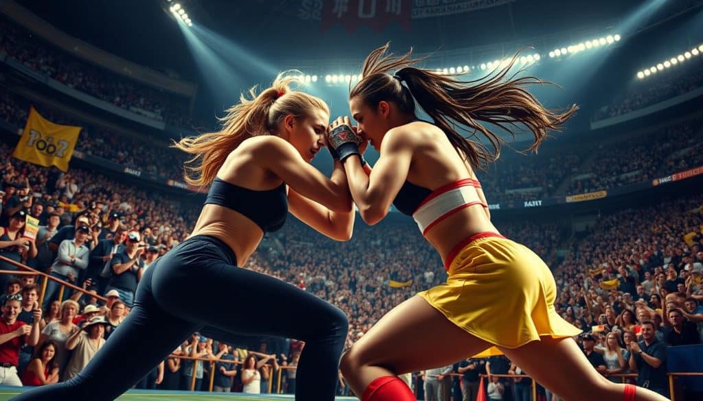A dynamic sports arena, the foreground dominated by two fierce female athletes locked in a heated match, their bodies in motion, muscles taut, expressions intense. The middle ground features spectators, a sea of painted faces and waving banners, the atmosphere electric with rivalry and competition. The background showcases the grand scale of the event, the stadium's towering architecture and dramatic lighting casting dramatic shadows, heightening the sense of drama and intensity. The overall mood is one of fierce determination, raw power, and the thrill of the competitive spirit, capturing the essence of the "Rivalry and Competition in Love and Sports" theme.