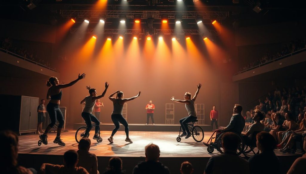 A dynamic sports theater stage, bathed in warm, theatrical lighting. In the foreground, athletes with diverse physical abilities seamlessly integrate expressive movement and adaptive equipment, showcasing their physical prowess. The middle ground features a versatile performance space, with modular set pieces and assistive technologies enabling flexible, inclusive staging. In the background, a captivated audience watches in awe, their faces reflecting the inclusive, empowering atmosphere. The scene exudes a sense of boundless creativity, where the boundaries between adaptive sports and inclusive theater blur, creating a harmonious, transformative experience. A dynamic sports theater stage, bathed in warm, theatrical lighting. In the foreground, athletes with diverse physical abilities seamlessly integrate expressive movement and adaptive equipment, showcasing their physical prowess. The middle ground features a versatile performance space, with modular set pieces and assistive technologies enabling flexible, inclusive staging. In the background, a captivated audience watches in awe, their faces reflecting the inclusive, empowering atmosphere. The scene exudes a sense of boundless creativity, where the boundaries between adaptive sports and inclusive theater blur, creating a harmonious, transformative experience.