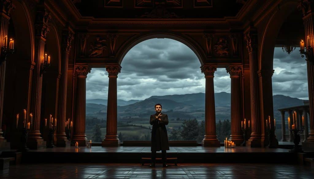 A grand Renaissance-era stage set, dimly lit by flickering candles, sets the scene for a dramatic interpretation of Calderón de la Barca's timeless play. In the foreground, a lone actor stands center stage, delivering a soliloquy with a captivating intensity. Behind him, intricate baroque architecture frames the scene, with ornate columns and arched doorways leading to a distant backdrop of rolling hills and a moody, clouded sky. The overall atmosphere is one of contemplation and historical significance, befitting the legacy of this celebrated Spanish playwright.