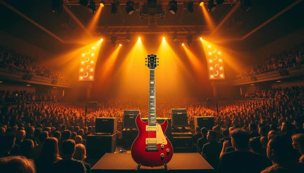 A grand concert stage bathed in warm, golden lighting, surrounded by a packed audience eager with anticipation. In the foreground, a magnificent electric guitar stands center stage, its glossy body gleaming under the spotlights. Towering amplifiers and a pristine mixing board populate the middle ground, hinting at the technical prowess behind the performance. In the background, a backdrop of elegant, swirling patterns evokes the rich history and legacy of iconic guitar benefit concerts. An atmosphere of musical celebration and shared community permeates the scene, capturing the spirit of a truly memorable live event.