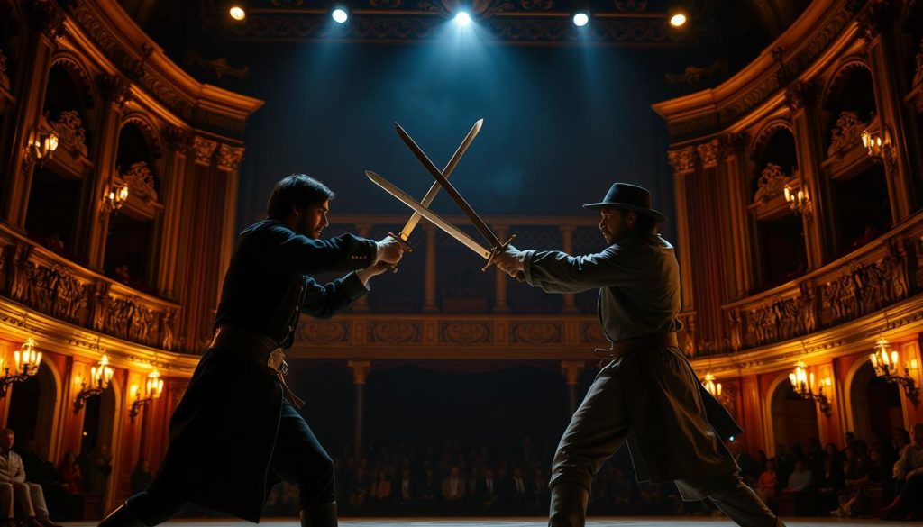 A grand, dimly-lit theater stage, bathed in dramatic chiaroscuro lighting. The foreground features two skilled swordsmen, their blades clashing in a fierce, choreographed dance, their expressions intense and focused. The middle ground showcases a backdrop of ornate, gilded balconies and columns, hinting at the opulent setting. In the background, a scattering of spectators watches the spectacle, their faces obscured in shadow, creating a sense of anticipation and excitement. The scene conveys the technical mastery and expressive showmanship of classic swashbuckling swordplay. A grand, dimly-lit theater stage, bathed in dramatic chiaroscuro lighting. The foreground features two skilled swordsmen, their blades clashing in a fierce, choreographed dance, their expressions intense and focused. The middle ground showcases a backdrop of ornate, gilded balconies and columns, hinting at the opulent setting. In the background, a scattering of spectators watches the spectacle, their faces obscured in shadow, creating a sense of anticipation and excitement. The scene conveys the technical mastery and expressive showmanship of classic swashbuckling swordplay.