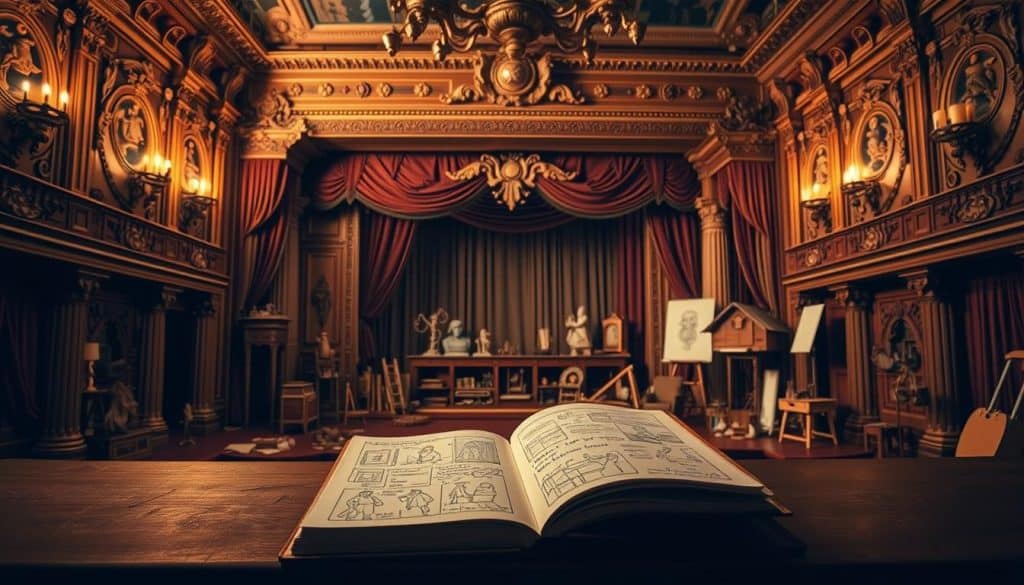 A grand, ornate theater stage with intricate backdrops and detailed architectural elements. Elegant stage curtains part, revealing an array of props, models, and sketches - the tools of the theatrical designer's craft. Warm lighting casts soft shadows, emphasizing the textures of fabrics, wood, and paper. In the foreground, a central table displays an open book, its pages filled with detailed renderings and annotations, hinting at the creative process behind bringing literary works to vibrant life on the stage. The overall scene conveys the meticulous attention to design and the collaborative magic that transforms the written word into an immersive theatrical experience.