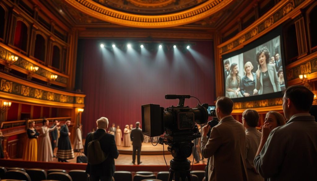 A grand theatre stage illuminated by warm lighting, actors in period costumes engaged in dramatic gestures. In the middle ground, a director reviews footage on a vintage film camera, surrounded by a crew. In the background, a cinema screen flickers with scenes from the production. The space exudes a sense of creative collaboration and the seamless transition from live performance to cinematic adaptation. The overall mood is one of artistic vibrancy, a celebration of the synergy between stage and screen. A grand theatre stage illuminated by warm lighting, actors in period costumes engaged in dramatic gestures. In the middle ground, a director reviews footage on a vintage film camera, surrounded by a crew. In the background, a cinema screen flickers with scenes from the production. The space exudes a sense of creative collaboration and the seamless transition from live performance to cinematic adaptation. The overall mood is one of artistic vibrancy, a celebration of the synergy between stage and screen.