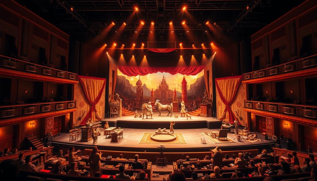 A grand theatrical stage, bathed in warm lighting and imbued with a sense of anticipation. In the foreground, intricate set pieces and props, hinting at the captivating narratives to unfold. The middle ground features a sprawling backdrop, showcasing the artistry of the production design team, with meticulously crafted scenic elements that transport the audience to a world of wonder. The overall composition exudes a sense of grandeur and creativity, setting the stage for an unforgettable theatrical experience. A grand theatrical stage, bathed in warm lighting and imbued with a sense of anticipation. In the foreground, intricate set pieces and props, hinting at the captivating narratives to unfold. The middle ground features a sprawling backdrop, showcasing the artistry of the production design team, with meticulously crafted scenic elements that transport the audience to a world of wonder. The overall composition exudes a sense of grandeur and creativity, setting the stage for an unforgettable theatrical experience.