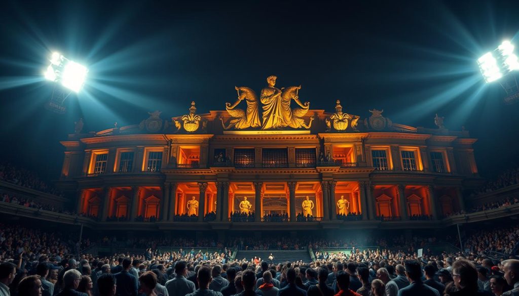 A grandiose sports arena, its facade adorned with larger-than-life statues and ornate architectural flourishes. Spotlights bathe the structure in a warm, dramatic glow, casting dramatic shadows that accentuate its imposing presence. In the foreground, a crowd of spectators gathers, their excitement palpable as they await the start of the event. The atmosphere crackles with anticipation, hinting at the spectacle to come - a display of athletic prowess and showmanship that will captivate the audience. The scene exudes a sense of opulence and extravagance, reflecting the collision of excess, artistry, and the athlete's innate desire to command the spotlight. A grandiose sports arena, its facade adorned with larger-than-life statues and ornate architectural flourishes. Spotlights bathe the structure in a warm, dramatic glow, casting dramatic shadows that accentuate its imposing presence. In the foreground, a crowd of spectators gathers, their excitement palpable as they await the start of the event. The atmosphere crackles with anticipation, hinting at the spectacle to come - a display of athletic prowess and showmanship that will captivate the audience. The scene exudes a sense of opulence and extravagance, reflecting the collision of excess, artistry, and the athlete's innate desire to command the spotlight.
