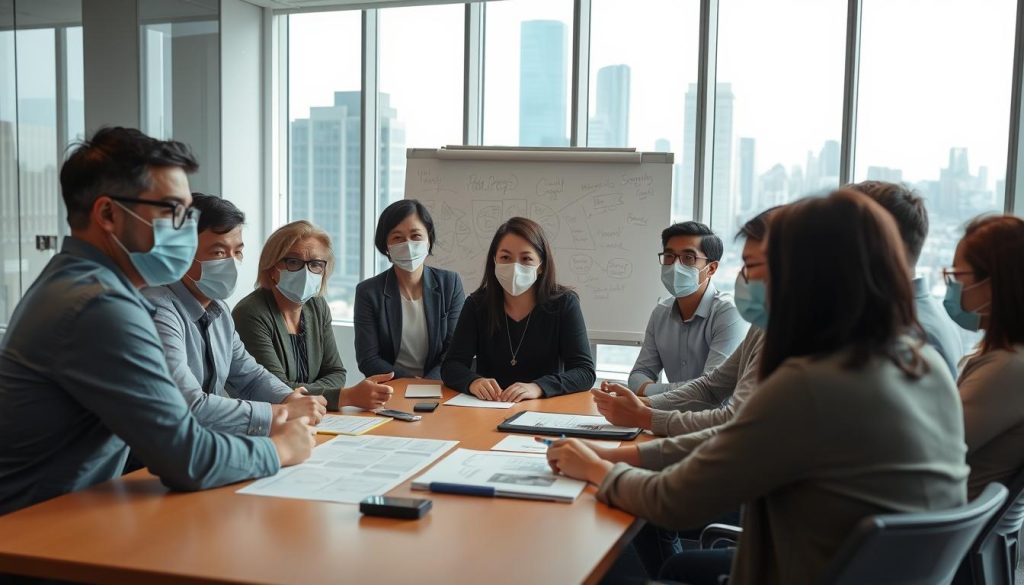 A group of people gathered in a well-lit office space, each wearing masks and adhering to COVID-19 safety protocols. In the foreground, colleagues sit around a conference table, engaged in a lively discussion, their expressions conveying a sense of camaraderie and teamwork. The middle ground showcases a whiteboard with hand-drawn diagrams and notes, suggesting a collaborative work environment. In the background, a large window overlooks a bustling city skyline, infusing the scene with a dynamic, contemporary atmosphere. The overall mood is one of professionalism, adaptability, and a shared commitment to navigating the challenges of the pandemic as a cohesive team. A group of people gathered in a well-lit office space, each wearing masks and adhering to COVID-19 safety protocols. In the foreground, colleagues sit around a conference table, engaged in a lively discussion, their expressions conveying a sense of camaraderie and teamwork. The middle ground showcases a whiteboard with hand-drawn diagrams and notes, suggesting a collaborative work environment. In the background, a large window overlooks a bustling city skyline, infusing the scene with a dynamic, contemporary atmosphere. The overall mood is one of professionalism, adaptability, and a shared commitment to navigating the challenges of the pandemic as a cohesive team.
