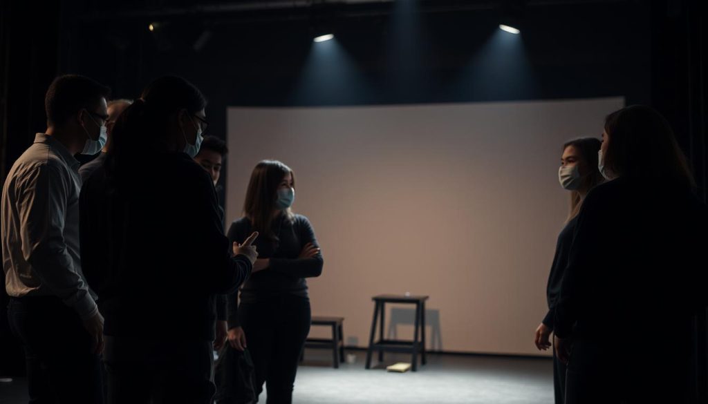 A group of theater artists, donning masks and protective gear, huddle together on a dimly lit stage. Soft stage lighting casts dramatic shadows, creating an air of contemplation and adaptation. In the foreground, they discuss strategies, gesturing with purpose as they navigate the challenges of pandemic-era performance. The middle ground reveals a sparse, minimalist set, hinting at the resourcefulness required to work within constraints. In the background, a sense of uncertainty lingers, as the team navigates the unfamiliar terrain of the "new normal" for the arts. The overall mood is one of resilience, collaboration, and a determination to find ways to safely continue their craft. A group of theater artists, donning masks and protective gear, huddle together on a dimly lit stage. Soft stage lighting casts dramatic shadows, creating an air of contemplation and adaptation. In the foreground, they discuss strategies, gesturing with purpose as they navigate the challenges of pandemic-era performance. The middle ground reveals a sparse, minimalist set, hinting at the resourcefulness required to work within constraints. In the background, a sense of uncertainty lingers, as the team navigates the unfamiliar terrain of the "new normal" for the arts. The overall mood is one of resilience, collaboration, and a determination to find ways to safely continue their craft.