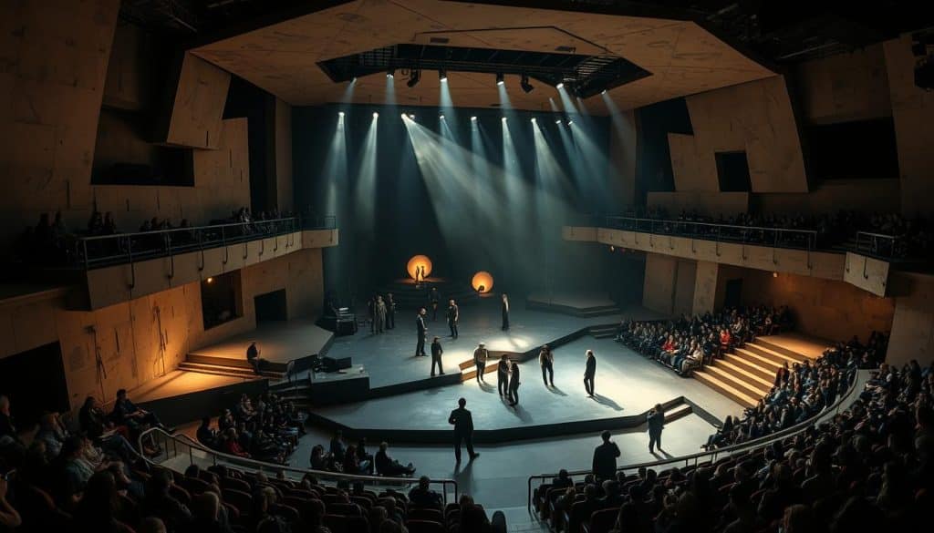 A large, immersive theater space with a dynamic, avant-garde stage design. The stage is a multi-level platform with geometric shapes, harsh shadows, and dramatic lighting, creating an abstract, otherworldly atmosphere. The audience sits on tiered seating, facing the stage, enveloped in the performance. Performers move fluidly through the space, interacting with the audience in a captivating, immersive experience. The lighting is a mix of warm and cool tones, casting dramatic shadows and highlights, emphasizing the experimental nature of the space. The overall mood is one of intrigue, tension, and deep audience engagement.