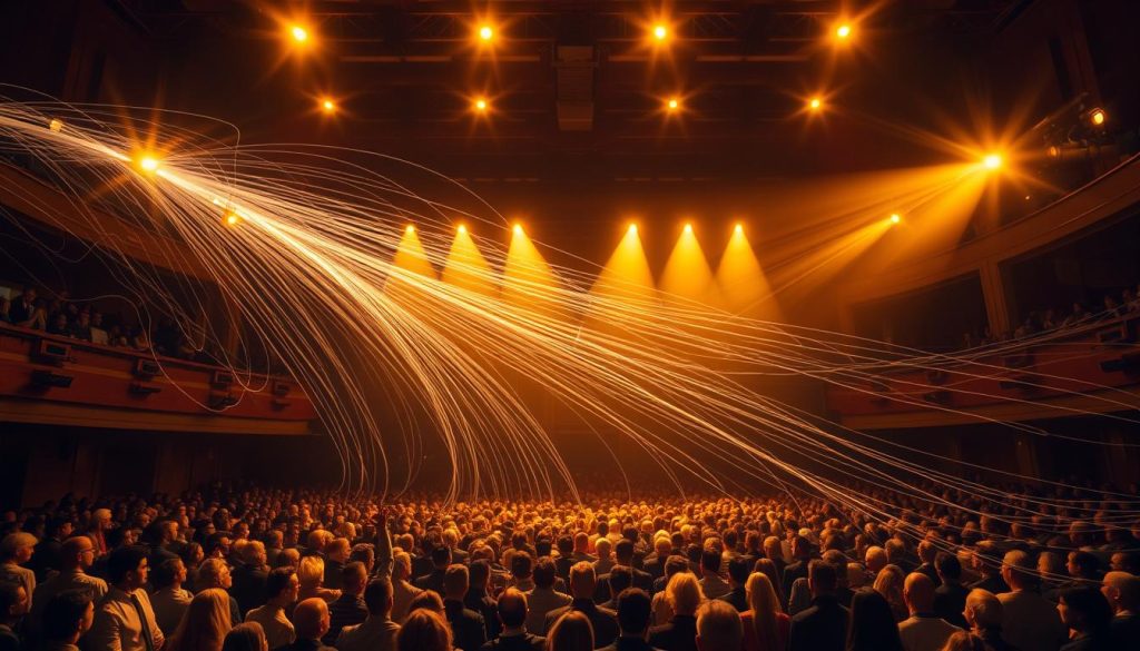 A large theater stage, brightly lit from above with warm, golden spotlights. At the center, an audience gathers, their faces illuminated by the stage lights, captivated and engaged. Swirling lines of energy emanate from the audience, pulsing and undulating, creating a tangible feedback loop between the stage and the spectators. The background is softly blurred, hinting at the grand scale of the event, with the architecture of the theater fading into the distance. The overall mood is one of dynamism, connection, and the profound impact that audience participation and response can have on a live performance. A large theater stage, brightly lit from above with warm, golden spotlights. At the center, an audience gathers, their faces illuminated by the stage lights, captivated and engaged. Swirling lines of energy emanate from the audience, pulsing and undulating, creating a tangible feedback loop between the stage and the spectators. The background is softly blurred, hinting at the grand scale of the event, with the architecture of the theater fading into the distance. The overall mood is one of dynamism, connection, and the profound impact that audience participation and response can have on a live performance.