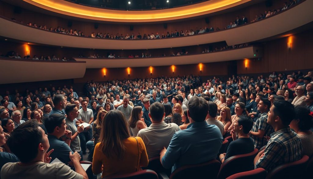 A large, well-lit theater forum with a curved amphitheater-style seating arrangement. The stage is centered, with a lively discussion taking place between several animated speakers and an engaged audience. The lighting is warm and inviting, casting a glow on the faces of the participants. The middle ground features a mix of people leaning forward, taking notes, and gesticulating passionately. In the background, a diverse crowd of attendees listens intently, their expressions ranging from contemplative to enthusiastic. The overall atmosphere conveys a sense of creative energy, intellectual discourse, and a shared sense of community. A large, well-lit theater forum with a curved amphitheater-style seating arrangement. The stage is centered, with a lively discussion taking place between several animated speakers and an engaged audience. The lighting is warm and inviting, casting a glow on the faces of the participants. The middle ground features a mix of people leaning forward, taking notes, and gesticulating passionately. In the background, a diverse crowd of attendees listens intently, their expressions ranging from contemplative to enthusiastic. The overall atmosphere conveys a sense of creative energy, intellectual discourse, and a shared sense of community.