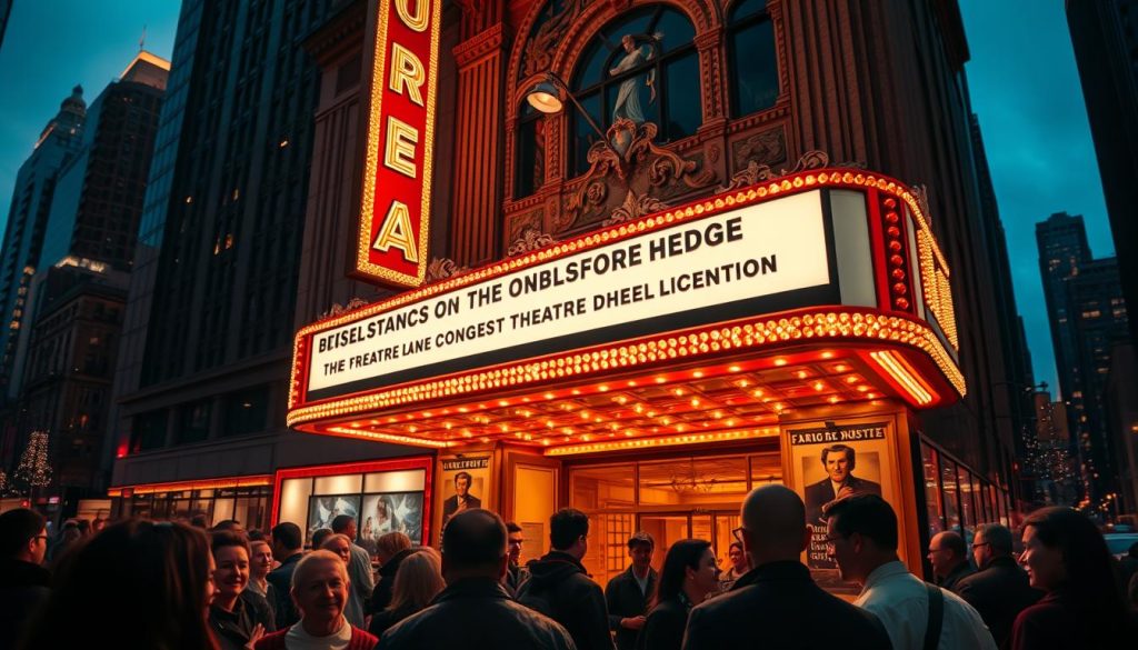 A lively theater marquee illuminates the bustling city street, showcasing the evening's performances. In the foreground, a crowd of theater-goers gathers, their expressions animated with anticipation. The middle ground features the grand entrance, its ornate architecture and neon signage creating a sense of grandeur. In the background, the cityscape recedes, with skyscrapers and twinkling lights adding depth and urban ambiance. The overall scene is bathed in a warm, golden glow, evoking the magic and excitement of live theater. A lively theater marquee illuminates the bustling city street, showcasing the evening's performances. In the foreground, a crowd of theater-goers gathers, their expressions animated with anticipation. The middle ground features the grand entrance, its ornate architecture and neon signage creating a sense of grandeur. In the background, the cityscape recedes, with skyscrapers and twinkling lights adding depth and urban ambiance. The overall scene is bathed in a warm, golden glow, evoking the magic and excitement of live theater.