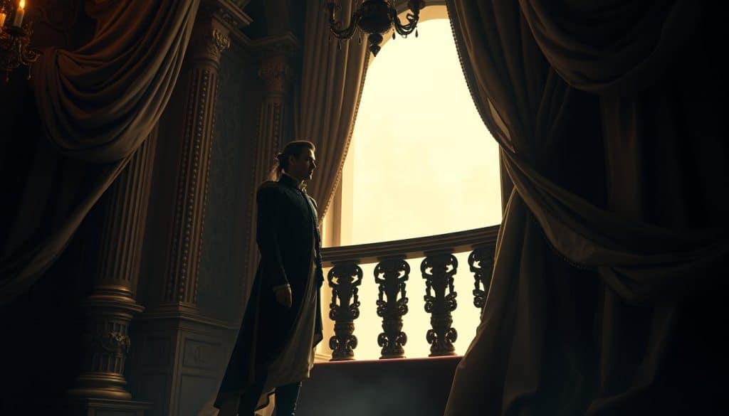 A lush, baroque setting depicting the central character from the classic Spanish play "Life is a Dream". The protagonist, a prince locked away in a tower, stands in a contemplative pose against a backdrop of ornate, gilded architecture and billowing, dramatic curtains. Soft, warm lighting casts an introspective glow, while intricate details in the character's costume and surroundings hint at the play's themes of fate, free will, and the nature of reality. The overall composition conveys a sense of dreamlike mystique and the character's internal conflict, setting the stage for the profound philosophical musings at the heart of the work.