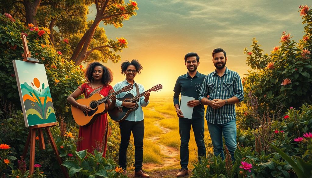 A lush, vibrant landscape serves as the backdrop, with flourishing greenery and a warm, golden light filtering through the scene. In the foreground, a diverse group of creative professionals - a painter, a musician, a writer, and a designer - stand together, their faces alight with determination and resilience. They are surrounded by symbolic representations of their respective crafts, each item carefully placed to create a sense of balance and harmony. The middle ground features a winding path, representing the journey of overcoming challenges and setbacks, leading towards a distant horizon filled with new possibilities. The mood is one of perseverance, adaptability, and the transformative power of creativity in the face of adversity. A lush, vibrant landscape serves as the backdrop, with flourishing greenery and a warm, golden light filtering through the scene. In the foreground, a diverse group of creative professionals - a painter, a musician, a writer, and a designer - stand together, their faces alight with determination and resilience. They are surrounded by symbolic representations of their respective crafts, each item carefully placed to create a sense of balance and harmony. The middle ground features a winding path, representing the journey of overcoming challenges and setbacks, leading towards a distant horizon filled with new possibilities. The mood is one of perseverance, adaptability, and the transformative power of creativity in the face of adversity.