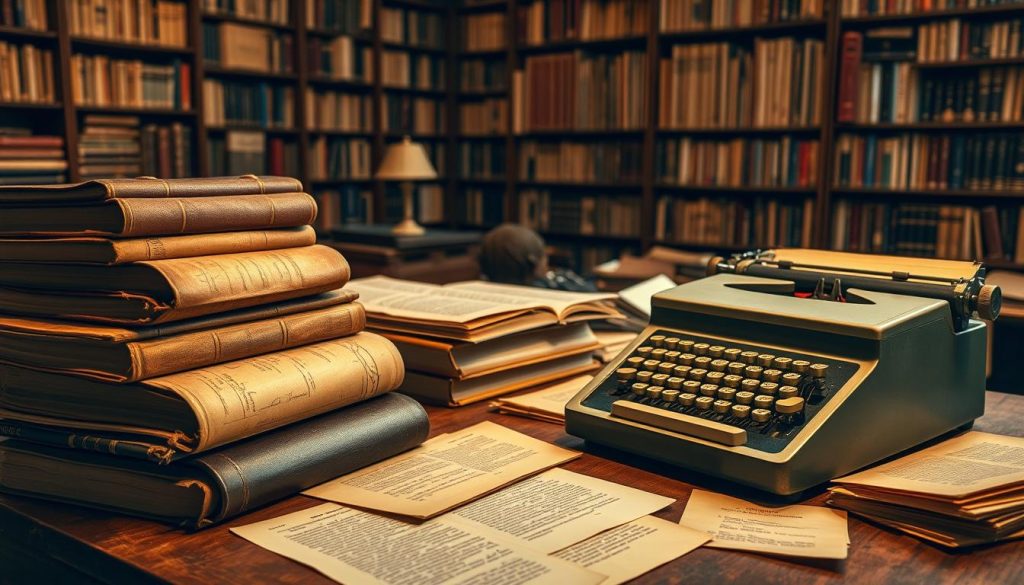 A meticulously organized research desk, illuminated by warm, filtered light. Atop the wooden surface, a stack of worn leather-bound books, dog-eared pages revealing scribbled notes. Alongside, an array of archival documents, yellowed and weathered, spread out in careful arrangement. In the background, a wall of bookshelves stretching to the ceiling, housing a trove of scholarly resources. A vintage typewriter stands ready, its keys gleaming, waiting to capture the next insightful analysis. The scene exudes an atmosphere of intellectual contemplation, a space where the legacy of Strindberg is diligently studied and reinterpreted for the modern era. A meticulously organized research desk, illuminated by warm, filtered light. Atop the wooden surface, a stack of worn leather-bound books, dog-eared pages revealing scribbled notes. Alongside, an array of archival documents, yellowed and weathered, spread out in careful arrangement. In the background, a wall of bookshelves stretching to the ceiling, housing a trove of scholarly resources. A vintage typewriter stands ready, its keys gleaming, waiting to capture the next insightful analysis. The scene exudes an atmosphere of intellectual contemplation, a space where the legacy of Strindberg is diligently studied and reinterpreted for the modern era.