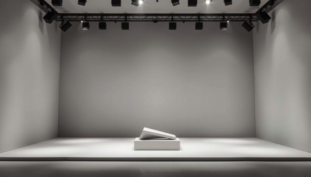 A minimalist stage design showcasing innovative theatrical elements. In the foreground, a stark, geometric backdrop of clean lines and muted tones. Overhead, dramatic lighting casts dramatic shadows, emphasizing the simplicity of the set. In the middle ground, a single, sculptural prop or set piece that serves as the focal point, its form hinting at the abstract nature of the performance. The background is a void of negative space, allowing the audience's imagination to fill in the details. The overall composition exudes a sense of pared-down elegance, conveying the essence of experimental, contemporary theater through a lens of modern minimalism. A minimalist stage design showcasing innovative theatrical elements. In the foreground, a stark, geometric backdrop of clean lines and muted tones. Overhead, dramatic lighting casts dramatic shadows, emphasizing the simplicity of the set. In the middle ground, a single, sculptural prop or set piece that serves as the focal point, its form hinting at the abstract nature of the performance. The background is a void of negative space, allowing the audience's imagination to fill in the details. The overall composition exudes a sense of pared-down elegance, conveying the essence of experimental, contemporary theater through a lens of modern minimalism.