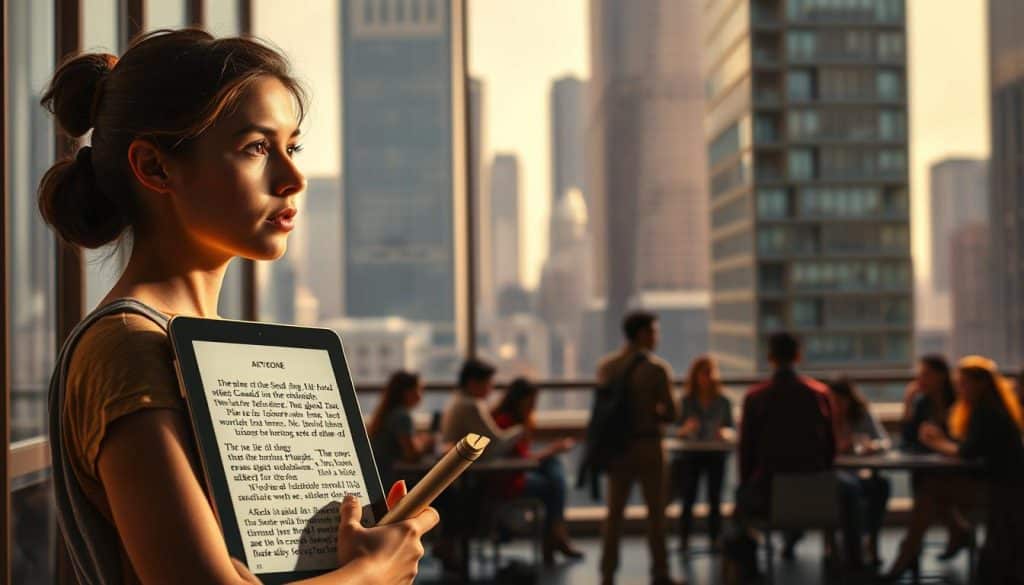 A modern study of the ancient Greek tragedy Antigone, set in a contemporary urban environment. In the foreground, a young woman stands resolute, her face illuminated by the soft glow of a tablet screen displaying the text of the play. In the middle ground, students gather in a university library, engaged in thoughtful discussion. The background reveals the towering skyscrapers of a bustling metropolitan skyline, suggesting the timeless relevance of Antigone's themes of civic duty, moral conviction, and the conflict between the individual and the state. Warm, directional lighting casts dramatic shadows, evoking the gravitas of the subject matter. The overall scene conveys the enduring power of this classical work and its continued significance in the modern world.