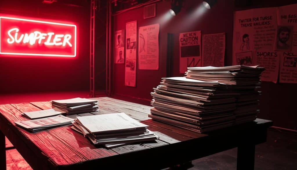 A neon-lit stage, its edges shrouded in shadows, sets the scene for edgy theater submissions. Stacks of scripts and portfolios litter a weathered wooden table, hinting at the bold, unconventional works vying for attention. Dim spotlights cast dramatic angles, emphasizing the raw, gritty atmosphere of this creative haven. Artistic sketches and fragmented text adorn the walls, reflecting the boundary-pushing nature of the submissions. A sense of anticipation and artistic tension permeates the space, as the image captures the essence of this call for fresh, daring voices in contemporary theater.