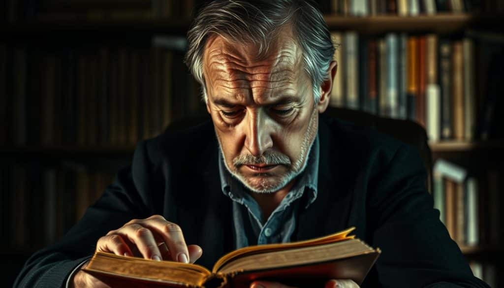 A pensive, middle-aged man sits in a dimly lit study, lost in contemplation. Chiaroscuro lighting casts dramatic shadows, highlighting the lines of his weathered face. His fingers absently trace the spine of a worn book, as if seeking answers within its pages. The background is a hazy, impressionistic rendering of a cluttered bookshelf, hinting at the character's intellectual pursuits. The overall mood is one of introspection and melancholy, capturing the essence of Chekhov's complex and introspective protagonists.