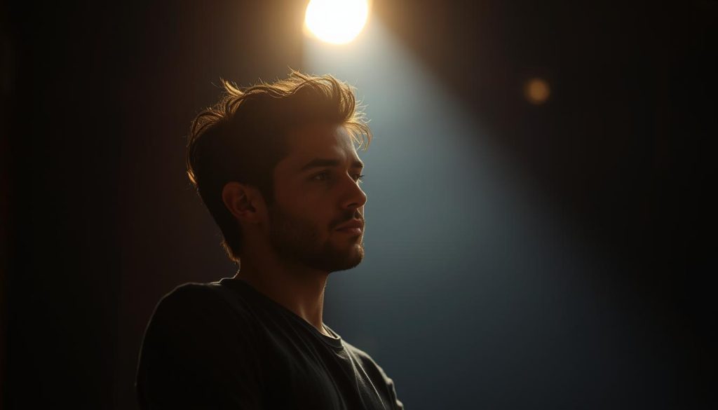 A pensive performer stands in a dimly lit stage, their face illuminated by a single spotlight, conveying a moment of creative insight. The background is blurred, hinting at the energy and anticipation of the performance to come. Soft, warm lighting casts an introspective glow, highlighting the performer's focused expression and the intensity of their inner creative process. The composition emphasizes the solitary nature of this creative breakthrough, inviting the viewer to connect with the authenticity and vulnerability of the artist's journey. A pensive performer stands in a dimly lit stage, their face illuminated by a single spotlight, conveying a moment of creative insight. The background is blurred, hinting at the energy and anticipation of the performance to come. Soft, warm lighting casts an introspective glow, highlighting the performer's focused expression and the intensity of their inner creative process. The composition emphasizes the solitary nature of this creative breakthrough, inviting the viewer to connect with the authenticity and vulnerability of the artist's journey.
