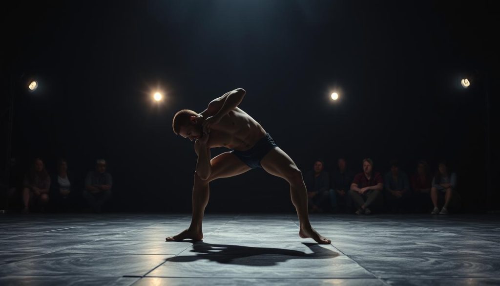 A physically demanding endurance performance unfolds on a dimly lit stage. In the foreground, a solitary figure contorts and pushes the limits of their body, muscles straining with each intense movement. Shadows play across their form, highlighting the dramatic interplay of light and shadow. In the middle ground, the audience watches with rapt attention, their faces illuminated by the flickering stage lights, reflecting the raw emotion and tension of the moment. The background is shrouded in darkness, focusing the viewer's gaze on the central performance, where the artistry of endurance is on full display. Cinematic lighting casts a moody, atmospheric tone, heightening the sense of drama and the performer's unwavering determination. A physically demanding endurance performance unfolds on a dimly lit stage. In the foreground, a solitary figure contorts and pushes the limits of their body, muscles straining with each intense movement. Shadows play across their form, highlighting the dramatic interplay of light and shadow. In the middle ground, the audience watches with rapt attention, their faces illuminated by the flickering stage lights, reflecting the raw emotion and tension of the moment. The background is shrouded in darkness, focusing the viewer's gaze on the central performance, where the artistry of endurance is on full display. Cinematic lighting casts a moody, atmospheric tone, heightening the sense of drama and the performer's unwavering determination.