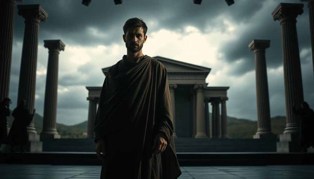 A poignant scene of a modern Greek tragedy adaptation unfolds before us. In the foreground, a tragic hero stands solemnly, clad in a flowing robe, their face etched with a deep melancholy. Dramatic lighting casts long shadows, emphasizing the weight of their inner turmoil. In the middle ground, the stage is adorned with classical Greek architectural elements - columns, arches, and a backdrop of a stormy sky. The atmosphere is one of tension and emotional intensity, capturing the essence of the tragic genre. The composition is balanced, with a sense of depth and perspective that draws the viewer into the scene. The overall effect is a powerful and evocative representation of the timeless themes of Greek tragedy adapted for the contemporary stage. A poignant scene of a modern Greek tragedy adaptation unfolds before us. In the foreground, a tragic hero stands solemnly, clad in a flowing robe, their face etched with a deep melancholy. Dramatic lighting casts long shadows, emphasizing the weight of their inner turmoil. In the middle ground, the stage is adorned with classical Greek architectural elements - columns, arches, and a backdrop of a stormy sky. The atmosphere is one of tension and emotional intensity, capturing the essence of the tragic genre. The composition is balanced, with a sense of depth and perspective that draws the viewer into the scene. The overall effect is a powerful and evocative representation of the timeless themes of Greek tragedy adapted for the contemporary stage.