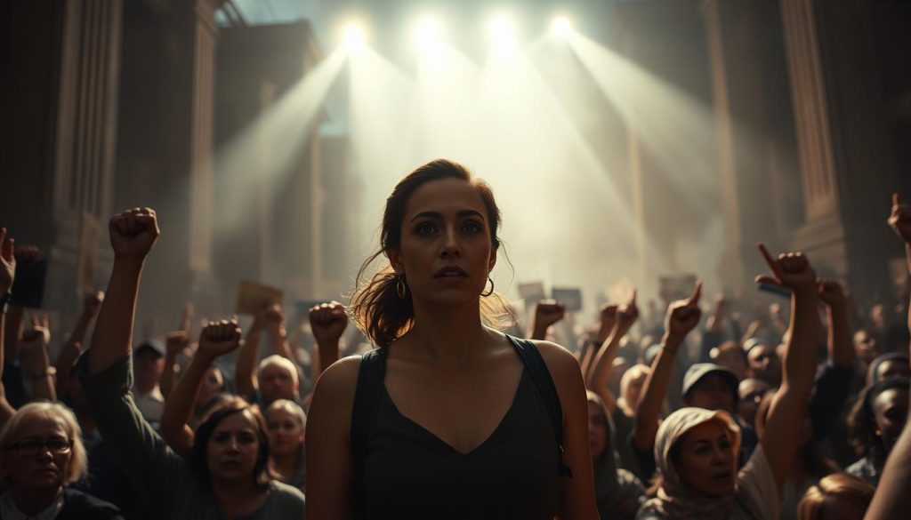 A powerful protest unfolds, a sea of determined faces and raised fists against a backdrop of towering, shadowed structures. Fierce spotlights illuminate the central figure, a lone woman, her eyes alight with defiance, her posture radiating the weight of a thousand untold tragedies. The scene is charged with the electricity of resistance, a chiaroscuro of light and shadow, capturing the duality of grief and activism, the personal and the universal. The camera angles shift, drawing the viewer into the heart of the moment, a visceral, cinematic experience that invokes the timeless struggle for justice. This is a scene of Antigone reborn, a modern reimagining of classical tragedy, where the past echoes in the present, and the fight for change is waged with unwavering resolve. A powerful protest unfolds, a sea of determined faces and raised fists against a backdrop of towering, shadowed structures. Fierce spotlights illuminate the central figure, a lone woman, her eyes alight with defiance, her posture radiating the weight of a thousand untold tragedies. The scene is charged with the electricity of resistance, a chiaroscuro of light and shadow, capturing the duality of grief and activism, the personal and the universal. The camera angles shift, drawing the viewer into the heart of the moment, a visceral, cinematic experience that invokes the timeless struggle for justice. This is a scene of Antigone reborn, a modern reimagining of classical tragedy, where the past echoes in the present, and the fight for change is waged with unwavering resolve.
