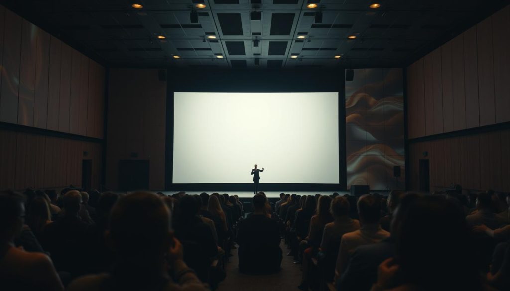 A remote performance hall with a large projection screen at the center. The audience is seated in rows, their faces illuminated by the soft glow of the screen. In the foreground, a lone performer appears, their movements graceful and expressive, captured by a cinematic camera angle. The lighting is warm and atmospheric, creating a sense of intimacy and connection between the performer and the remote viewers. The background features abstract, dreamlike visuals that complement the performance, immersing the audience in a unique, virtual artistic experience. A remote performance hall with a large projection screen at the center. The audience is seated in rows, their faces illuminated by the soft glow of the screen. In the foreground, a lone performer appears, their movements graceful and expressive, captured by a cinematic camera angle. The lighting is warm and atmospheric, creating a sense of intimacy and connection between the performer and the remote viewers. The background features abstract, dreamlike visuals that complement the performance, immersing the audience in a unique, virtual artistic experience.