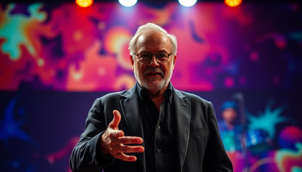 A seasoned performer, David Sinaiko stands center stage, adapting his stagecraft to the changing industry. The spotlight illuminates his weathered features, capturing the depth of his experience. In the middle ground, Sinaiko gestures with a commanding presence, his body language reflecting the confidence of a veteran entertainer. The background is a vibrant, abstract representation of the ever-evolving landscape of the performing arts, suggesting the resilience and adaptability required to maintain a long-lasting career. The image is captured with a cinematic, high-contrast lens, emphasizing the dramatic, atmospheric quality of the scene. A seasoned performer, David Sinaiko stands center stage, adapting his stagecraft to the changing industry. The spotlight illuminates his weathered features, capturing the depth of his experience. In the middle ground, Sinaiko gestures with a commanding presence, his body language reflecting the confidence of a veteran entertainer. The background is a vibrant, abstract representation of the ever-evolving landscape of the performing arts, suggesting the resilience and adaptability required to maintain a long-lasting career. The image is captured with a cinematic, high-contrast lens, emphasizing the dramatic, atmospheric quality of the scene.