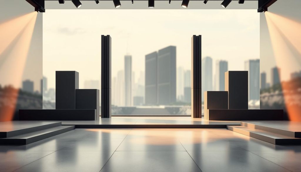 A sleek, modern classical production set design. In the foreground, a minimalist stage with clean lines and geometric shapes, bathed in warm, dramatic lighting from strategic angles. In the middle ground, towering, abstract architectural elements in muted grays and blacks, creating a sense of scale and grandeur. The background features a seamless backdrop of a gently blurred, impressionistic cityscape, hinting at the urban setting. The overall atmosphere is one of sophistication, elegance, and a bold, contemporary interpretation of the ancient narrative. A sleek, modern classical production set design. In the foreground, a minimalist stage with clean lines and geometric shapes, bathed in warm, dramatic lighting from strategic angles. In the middle ground, towering, abstract architectural elements in muted grays and blacks, creating a sense of scale and grandeur. The background features a seamless backdrop of a gently blurred, impressionistic cityscape, hinting at the urban setting. The overall atmosphere is one of sophistication, elegance, and a bold, contemporary interpretation of the ancient narrative.