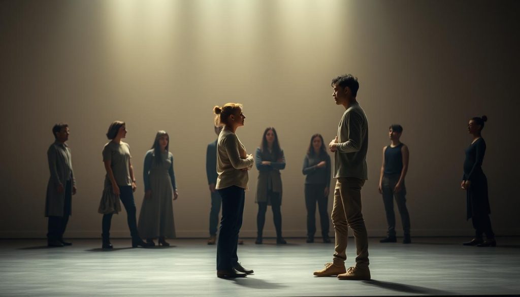 A small ensemble of actors on a minimalist stage, bathed in soft, natural lighting that accentuates their subtle expressions and movements. The foreground features two actors engaged in a delicate, nuanced exchange, their body language and facial cues conveying the underlying emotional subtext. In the middle ground, other ensemble members provide a sense of context and support, their presence understated yet impactful. The background is sparse, allowing the audience's focus to remain on the central drama unfolding with refined, almost imperceptible gestures. An atmosphere of understated intensity and profound connection permeates the scene, showcasing the power of ensemble acting and the craft of subtle performance. A small ensemble of actors on a minimalist stage, bathed in soft, natural lighting that accentuates their subtle expressions and movements. The foreground features two actors engaged in a delicate, nuanced exchange, their body language and facial cues conveying the underlying emotional subtext. In the middle ground, other ensemble members provide a sense of context and support, their presence understated yet impactful. The background is sparse, allowing the audience's focus to remain on the central drama unfolding with refined, almost imperceptible gestures. An atmosphere of understated intensity and profound connection permeates the scene, showcasing the power of ensemble acting and the craft of subtle performance.