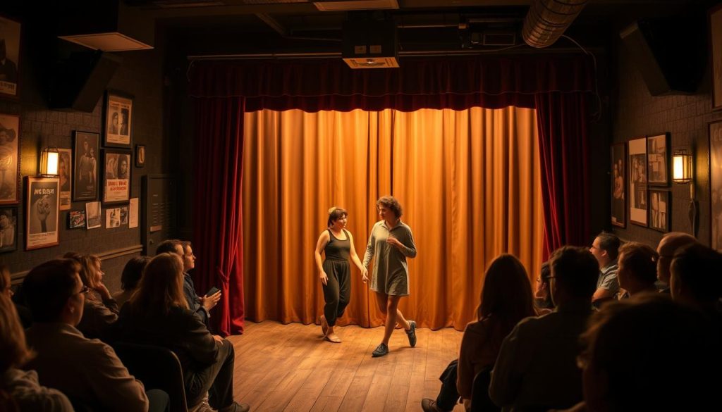 A small indie theater, its walls adorned with vintage posters and fading photographs. Dim stage lights cast an intimate glow, illuminating the worn velvet curtains and weathered floorboards. On the stage, actors in understated costumes move with a raw, emotional intensity, their expressions captured in a frozen moment of improvisation. In the audience, faces reflect the palpable connection between performer and spectator, a shared experience that transcends the confines of the theater. The air is thick with the energy of creative collaboration, a collective memory etched into the very fabric of the space. A small indie theater, its walls adorned with vintage posters and fading photographs. Dim stage lights cast an intimate glow, illuminating the worn velvet curtains and weathered floorboards. On the stage, actors in understated costumes move with a raw, emotional intensity, their expressions captured in a frozen moment of improvisation. In the audience, faces reflect the palpable connection between performer and spectator, a shared experience that transcends the confines of the theater. The air is thick with the energy of creative collaboration, a collective memory etched into the very fabric of the space.