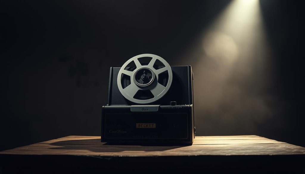 A somber and contemplative scene, illuminated by a single spotlight. In the foreground, an old-fashioned reel-to-reel tape recorder sits on a worn wooden table, its reels spinning slowly, capturing the essence of Krapp's final monologue. The background is hazy, with a sense of timelessness and isolation, reflecting the existential themes of Beckett's absurdist masterpiece. The lighting is soft and moody, casting dramatic shadows that add depth and emotion to the scene. The camera angle is low, giving the viewer a sense of intimate engagement with the subject matter. This image captures the introspective and haunting nature of "Krapp's Last Tape," inviting the viewer to ponder the human condition and the paradoxes of the absurd. A somber and contemplative scene, illuminated by a single spotlight. In the foreground, an old-fashioned reel-to-reel tape recorder sits on a worn wooden table, its reels spinning slowly, capturing the essence of Krapp's final monologue. The background is hazy, with a sense of timelessness and isolation, reflecting the existential themes of Beckett's absurdist masterpiece. The lighting is soft and moody, casting dramatic shadows that add depth and emotion to the scene. The camera angle is low, giving the viewer a sense of intimate engagement with the subject matter. This image captures the introspective and haunting nature of "Krapp's Last Tape," inviting the viewer to ponder the human condition and the paradoxes of the absurd.