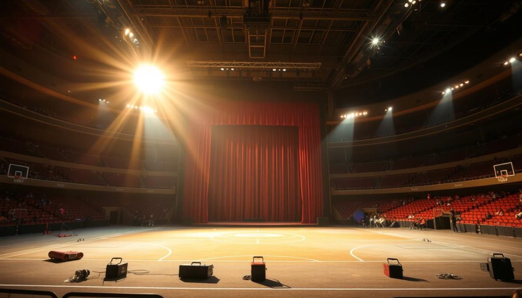 A sports arena filled with the artifacts of theatrical production - a spotlight beaming from the ceiling, a theater curtain drawn back to reveal a performance space, and stage equipment scattered around the field of play. The lighting is dramatic, with warm tones and deep shadows, evoking the energy and excitement of a live event. The composition places the viewer at the center of this unique intersection of sports and theater, highlighting the shared elements of showmanship, storytelling, and audience engagement that unite these two worlds. The overall atmosphere is one of wonder and curiosity, inviting the viewer to explore the rich history and hidden details of this captivating fusion of disciplines. A sports arena filled with the artifacts of theatrical production - a spotlight beaming from the ceiling, a theater curtain drawn back to reveal a performance space, and stage equipment scattered around the field of play. The lighting is dramatic, with warm tones and deep shadows, evoking the energy and excitement of a live event. The composition places the viewer at the center of this unique intersection of sports and theater, highlighting the shared elements of showmanship, storytelling, and audience engagement that unite these two worlds. The overall atmosphere is one of wonder and curiosity, inviting the viewer to explore the rich history and hidden details of this captivating fusion of disciplines.