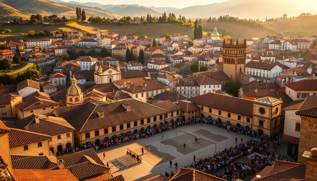 A sprawling Spanish town nestled in the rolling hills, its red-tiled roofs and ornate churches casting long shadows in the warm, golden light of the late afternoon sun. In the town square, a crowd gathers to watch a heated match of traditional Basque pelota, the players' powerful strokes echoing against the aged stone walls. The air is thick with the anticipation of victory, each point scored a testament to the players' skill and determination, their destiny intertwined with the outcome of the game. The scene conveys a timeless essence of Spanish culture, where the drama of life mirrors the drama of sport, and the pursuit of glory is inextricably linked to the forces that shape one's destiny. A sprawling Spanish town nestled in the rolling hills, its red-tiled roofs and ornate churches casting long shadows in the warm, golden light of the late afternoon sun. In the town square, a crowd gathers to watch a heated match of traditional Basque pelota, the players' powerful strokes echoing against the aged stone walls. The air is thick with the anticipation of victory, each point scored a testament to the players' skill and determination, their destiny intertwined with the outcome of the game. The scene conveys a timeless essence of Spanish culture, where the drama of life mirrors the drama of sport, and the pursuit of glory is inextricably linked to the forces that shape one's destiny.