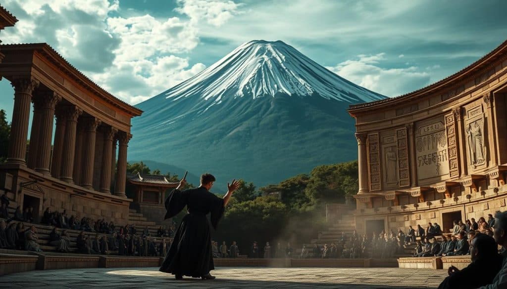 A sprawling amphitheater, its ancient Greek columns and ornate carvings juxtaposed against a towering Mount Fuji in the distance. On the stage, two tragic figures clash - Medea, the scorned Greek sorceress, and her Japanese counterpart, a vengeful onryo spirit. Harsh spotlights cast dramatic shadows, accentuating the clash of cultures and styles. The atmosphere is tense, electric, as the two titans of Eastern and Western tragedy face off in an epic confrontation. The lens captures this fusion of traditions with a cinematic wide-angle, placing the viewer at the heart of this dramatic showdown.