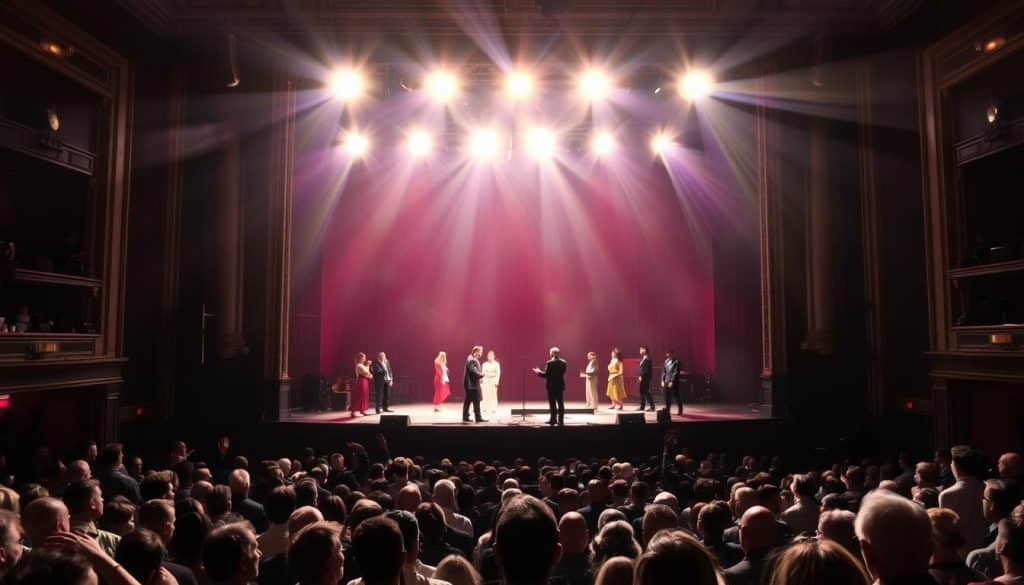 A stage awash in dramatic lighting, spotlights dancing across a theater's grand proscenium. On the boards, actors captivate the audience with their impassioned performances, their movements and gestures conveying the emotional intensity of the moment. In the foreground, a sea of faces transfixed, rapt with anticipation. Backstage, a flurry of activity as technicians work tirelessly to bring the production to life. The air is charged with an electric sense of anticipation, the audience eagerly awaiting the next thrilling highlight of the evening's performance.