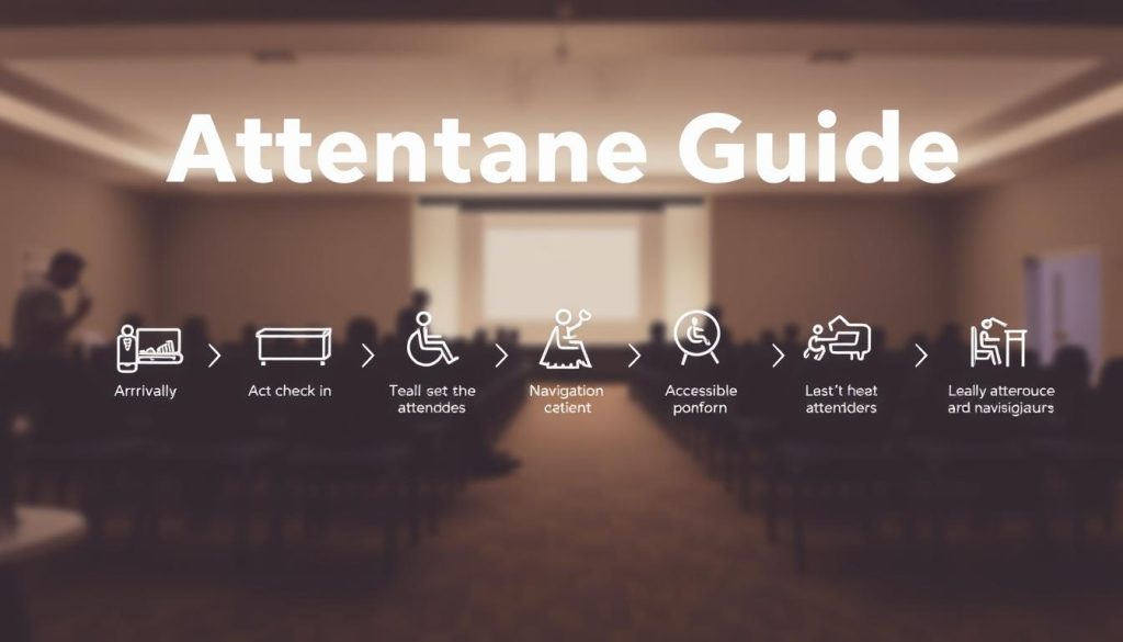 A step-by-step attendance guide for an accessible event, rendered in a clean, minimalist style. In the foreground, a simplified diagram showcases the key stages of attending - from arrival and check-in to seating and navigation. The middle ground features accessible icons and symbols, guiding attendees through the process. The background depicts a serene, softly-lit event space, with muted colors and gentle shadows conveying a welcoming, inclusive atmosphere. The composition emphasizes simplicity and clarity, ensuring the guide is easy to follow and understand for all guests. A step-by-step attendance guide for an accessible event, rendered in a clean, minimalist style. In the foreground, a simplified diagram showcases the key stages of attending - from arrival and check-in to seating and navigation. The middle ground features accessible icons and symbols, guiding attendees through the process. The background depicts a serene, softly-lit event space, with muted colors and gentle shadows conveying a welcoming, inclusive atmosphere. The composition emphasizes simplicity and clarity, ensuring the guide is easy to follow and understand for all guests.