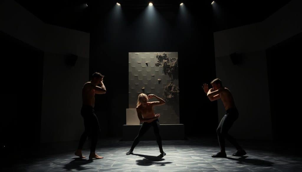 A striking avant-garde theater performance on an experimental stage. In the foreground, actors engage in innovative, visceral movements, their bodies contorted and intertwined. Dramatic lighting casts bold shadows, emphasizing the dynamism of their gestures. The middle ground features a minimalist, abstract stage design with geometric shapes and unexpected textures, creating an immersive, otherworldly atmosphere. The background is shrouded in inky blackness, heightening the sense of mystery and the suspension of disbelief. The overall mood is one of raw, emotive power, blending classic theatrical tradition with a bold, boundary-pushing aesthetic.