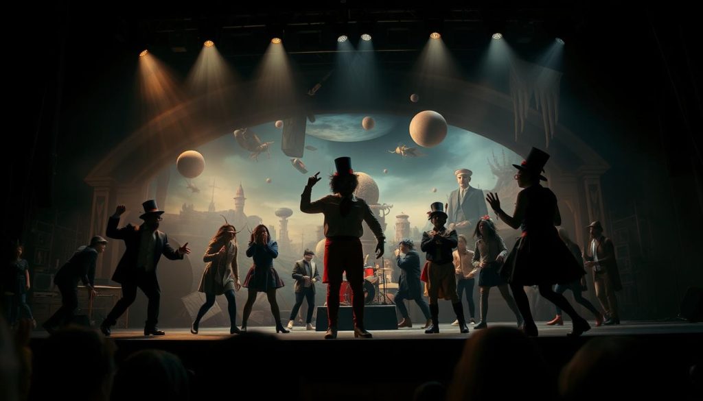 A surreal and whimsical theater performance unfolds on a dimly lit stage. In the foreground, eccentric performers engage in absurd antics, their exaggerated movements and comical costumes creating an atmosphere of unbridled creativity. The middle ground features a backdrop of surreal, dreamlike scenery, with floating objects, distorted shapes, and a sense of the fantastical. Soft, dramatic lighting casts intriguing shadows, heightening the sense of the uncanny. The camera angle is low, lending a sense of wonder and amplifying the surreal, off-kilter nature of the scene. The overall mood is one of playful, subversive humor, where the boundaries between reality and imagination are blurred, inviting the audience to embrace the absurd and the unconventional. A surreal and whimsical theater performance unfolds on a dimly lit stage. In the foreground, eccentric performers engage in absurd antics, their exaggerated movements and comical costumes creating an atmosphere of unbridled creativity. The middle ground features a backdrop of surreal, dreamlike scenery, with floating objects, distorted shapes, and a sense of the fantastical. Soft, dramatic lighting casts intriguing shadows, heightening the sense of the uncanny. The camera angle is low, lending a sense of wonder and amplifying the surreal, off-kilter nature of the scene. The overall mood is one of playful, subversive humor, where the boundaries between reality and imagination are blurred, inviting the audience to embrace the absurd and the unconventional.
