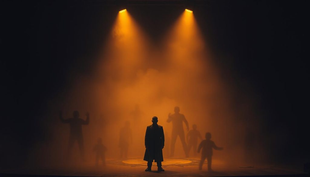 A surreal, dreamlike scene set in a dimly lit theater, the stage illuminated by a warm, amber-hued spotlight. In the foreground, a lone figure, their features obscured, stands amidst a sea of disjointed, abstract shapes and forms, representing the absurdist nature of the Theatre of the Absurd. The middle ground is filled with a tangle of shadowy, distorted figures, suggesting the fragmented, nonsensical nature of the absurdist performance. The background is shrouded in a hazy, atmospheric mist, creating a sense of uncertainty and unease. The overall composition conveys a sense of the unconventional, the surreal, and the unsettling - the hallmarks of the influential Theatre of the Absurd. A surreal, dreamlike scene set in a dimly lit theater, the stage illuminated by a warm, amber-hued spotlight. In the foreground, a lone figure, their features obscured, stands amidst a sea of disjointed, abstract shapes and forms, representing the absurdist nature of the Theatre of the Absurd. The middle ground is filled with a tangle of shadowy, distorted figures, suggesting the fragmented, nonsensical nature of the absurdist performance. The background is shrouded in a hazy, atmospheric mist, creating a sense of uncertainty and unease. The overall composition conveys a sense of the unconventional, the surreal, and the unsettling - the hallmarks of the influential Theatre of the Absurd.