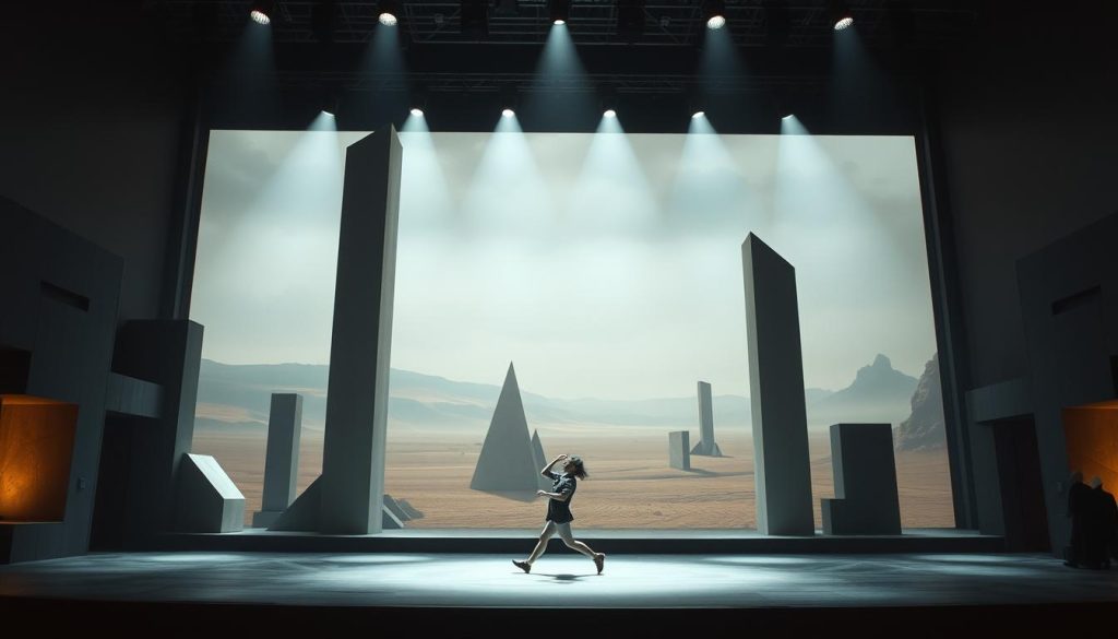 A surreal stage set bathed in dramatic lighting, featuring abstract architectural elements and avant-garde geometric shapes. In the foreground, a lone performer moves with fluid, experimental gestures, their movements blurring the boundary between dance and theater. The middle ground is occupied by towering, angular structures that seem to defy gravity, creating a sense of unease and disorientation. In the background, a hazy, dreamlike landscape with muted colors and indistinct forms, suggesting a realm beyond the confines of the stage. The overall atmosphere evokes a sense of mystery, innovation, and the exploration of the human condition through unconventional theatrical expression. A surreal stage set bathed in dramatic lighting, featuring abstract architectural elements and avant-garde geometric shapes. In the foreground, a lone performer moves with fluid, experimental gestures, their movements blurring the boundary between dance and theater. The middle ground is occupied by towering, angular structures that seem to defy gravity, creating a sense of unease and disorientation. In the background, a hazy, dreamlike landscape with muted colors and indistinct forms, suggesting a realm beyond the confines of the stage. The overall atmosphere evokes a sense of mystery, innovation, and the exploration of the human condition through unconventional theatrical expression.
