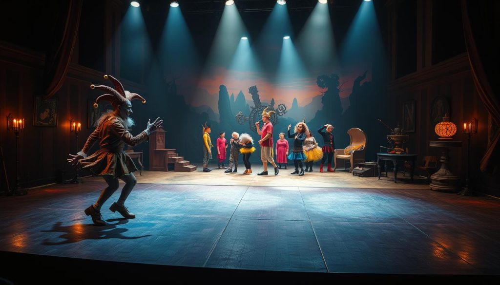 A surreal theater stage bathed in warm, dramatic lighting. In the foreground, a jester-like character engages in a comically absurd dance, their movements flowing with exaggerated, whimsical timing. In the middle ground, a troupe of performers in vibrant, unconventional costumes interact with bizarre, dream-like props. The background is a fantastical, enigmatic landscape, blending the familiar and the fantastic, hinting at the subversive potential of this comedic performance. The overall atmosphere is one of playful, cerebral humor, inviting the viewer to engage with the inherent absurdity of the scene. A surreal theater stage bathed in warm, dramatic lighting. In the foreground, a jester-like character engages in a comically absurd dance, their movements flowing with exaggerated, whimsical timing. In the middle ground, a troupe of performers in vibrant, unconventional costumes interact with bizarre, dream-like props. The background is a fantastical, enigmatic landscape, blending the familiar and the fantastic, hinting at the subversive potential of this comedic performance. The overall atmosphere is one of playful, cerebral humor, inviting the viewer to engage with the inherent absurdity of the scene.