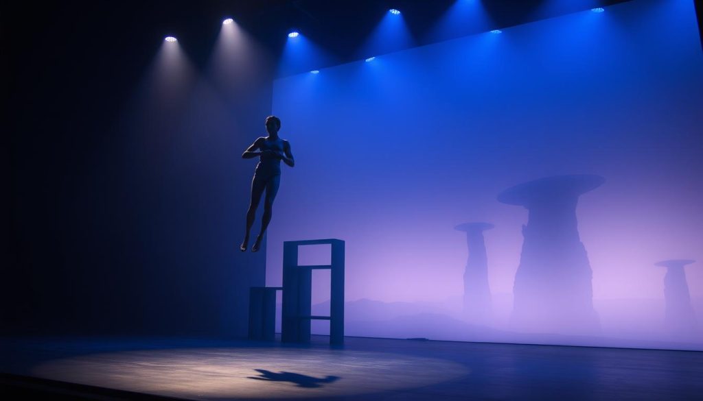 A surreal theatrical stage, dimly lit by ethereal blue-hued lighting. In the foreground, an otherworldly performer levitates, their body distorted and elongated, creating an unsettling yet captivating visual. The middle ground features a series of abstract, geometric structures that seemingly defy gravity, casting dramatic shadows across the stage. In the background, a hazy, dreamlike landscape unfolds, with towering, amorphous forms that blend seamlessly into the horizon. The overall atmosphere is one of unearthly wonder, inviting the viewer to explore the boundaries of reality and imagination. A surreal theatrical stage, dimly lit by ethereal blue-hued lighting. In the foreground, an otherworldly performer levitates, their body distorted and elongated, creating an unsettling yet captivating visual. The middle ground features a series of abstract, geometric structures that seemingly defy gravity, casting dramatic shadows across the stage. In the background, a hazy, dreamlike landscape unfolds, with towering, amorphous forms that blend seamlessly into the horizon. The overall atmosphere is one of unearthly wonder, inviting the viewer to explore the boundaries of reality and imagination.