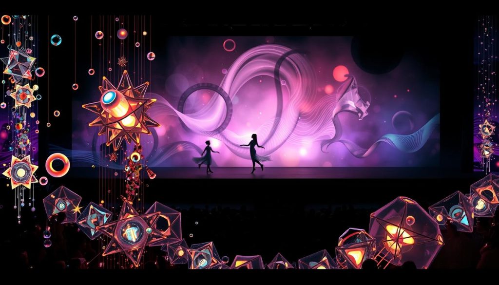 A surreal, visually captivating scene of an imaginative design spectacle. In the foreground, a cascading array of abstract, illuminated shapes and forms dance and intertwine, creating a mesmerizing kinetic display. The middle ground features fluid, ethereal figures that seem to defy gravity, weaving through the kaleidoscopic elements. In the background, a dreamlike landscape of hazy, iridescent swirls and gradients sets the stage for this phantasmagorical performance. Dramatic, high-contrast lighting casts dramatic shadows, enhancing the sense of depth and drama. The overall atmosphere evokes a sense of wonder, mystery, and the boundless possibilities of the creative mind. A surreal, visually captivating scene of an imaginative design spectacle. In the foreground, a cascading array of abstract, illuminated shapes and forms dance and intertwine, creating a mesmerizing kinetic display. The middle ground features fluid, ethereal figures that seem to defy gravity, weaving through the kaleidoscopic elements. In the background, a dreamlike landscape of hazy, iridescent swirls and gradients sets the stage for this phantasmagorical performance. Dramatic, high-contrast lighting casts dramatic shadows, enhancing the sense of depth and drama. The overall atmosphere evokes a sense of wonder, mystery, and the boundless possibilities of the creative mind.