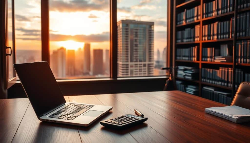 A tasteful and sophisticated financial strategy review for the season, set in a modern office environment. In the foreground, a wooden desk with a laptop, pen, and calculator, illuminated by a warm, indirect lighting. In the middle ground, a large window overlooking a picturesque cityscape, the sky transitioning from golden hour to dusk. In the background, a bookshelf filled with financial reports and reference materials, casting subtle shadows. The overall atmosphere is one of thoughtful analysis, professional diligence, and strategic foresight.